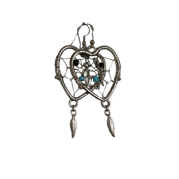 🌵 Vintage Dream Catcher Earrings Heart Turquoise Feather Drop Southwest Boho 3" - Picture 5 of 10